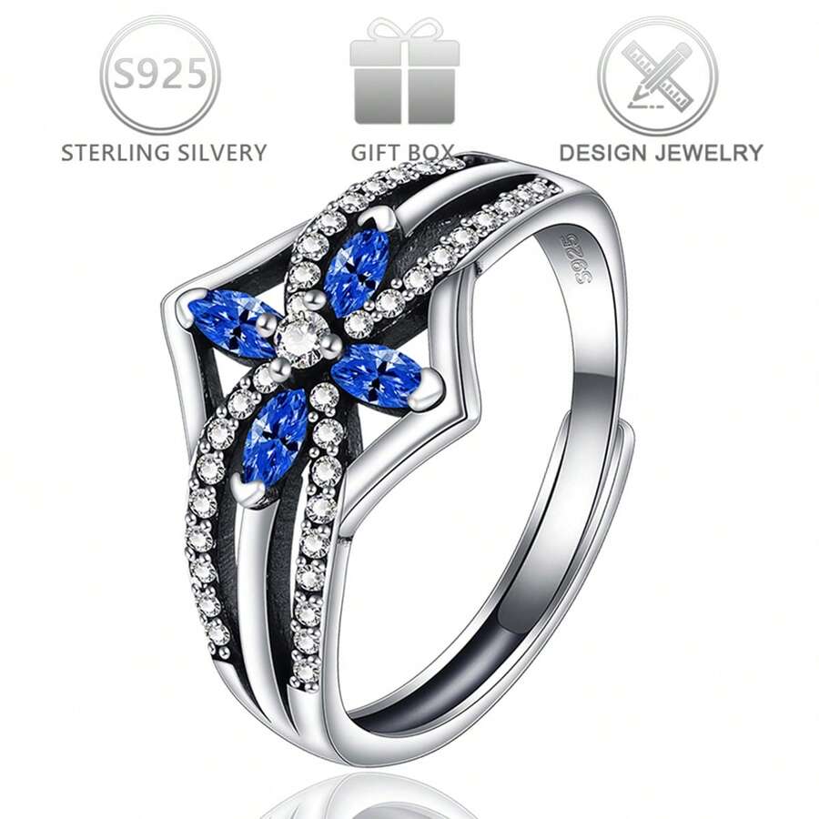 1pc 925 Sterling Silver Vintage Unique Geometric Design Cubic Zirconia Adjustable Ring, Suitable For Daily, Party, Festival, Birthday Wear