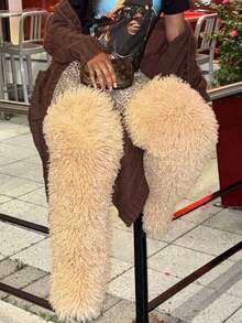 Women's Winter Knee High Boots Pull-On Faux Fur Round Toe Strap Boots For Women Comfy Plush Warm Outdoor Indoor Flat Shoes Punk Party Dressy Furry Fluffy Winter Autumn Fall Boots - 長款黃色1 - 查看 3