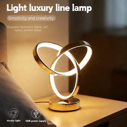 Đèn bàn thiết kế đường nét kim loại độc đáo, đèn LED 3 màu có thể điều chỉnh độ sáng - Sử dụng nguồn USB, thích hợp cho phòng ngủ và phòng khách.