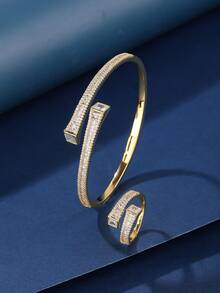 两件套首饰：开口手镯和戒指，方形立方氧化锆设计，简约中性风格，适合女性日常及节日佩戴。 - 003512 - 查看 11