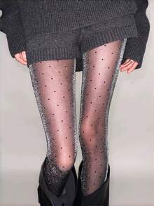 1 Pair Women's Black Sheer Glitter Silver Dot Pattern Tights, Luxury Sexy Minimalist Sexy Japanese Style, Hot Girl Transparent Stockings - Black - View 2