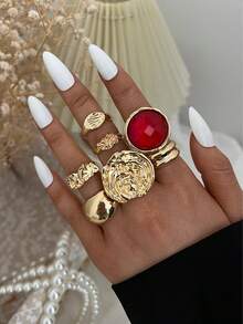20/13/6件套复古优雅波西米亚风女士不规则褶皱彩色宝石、猫眼石、向日葵、心形多元素组合金属戒指套装，适合女士日常、派对、婚礼、节日、情人节、约会佩戴、送礼（随机发货） - 金色 - 查看 5