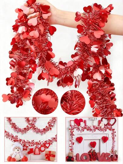 10条情人节金属扭纹红色爱心装饰丝带，适用于家居、婚礼、派对情人节装饰，可用于装饰家居、树木、室内/室外、婚礼、情人节拉花艺术、红色爱心装饰