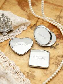 Personalized Engraved Heart-Shaped Makeup Mirror, Customized Silver Pocket Makeup Mirror, Can Be Engraved With Name, Perfect Bridesmaid, Wedding, Birthday And Anniversary Gift, Christmas Beauty Accessory - Multicolor - View 3