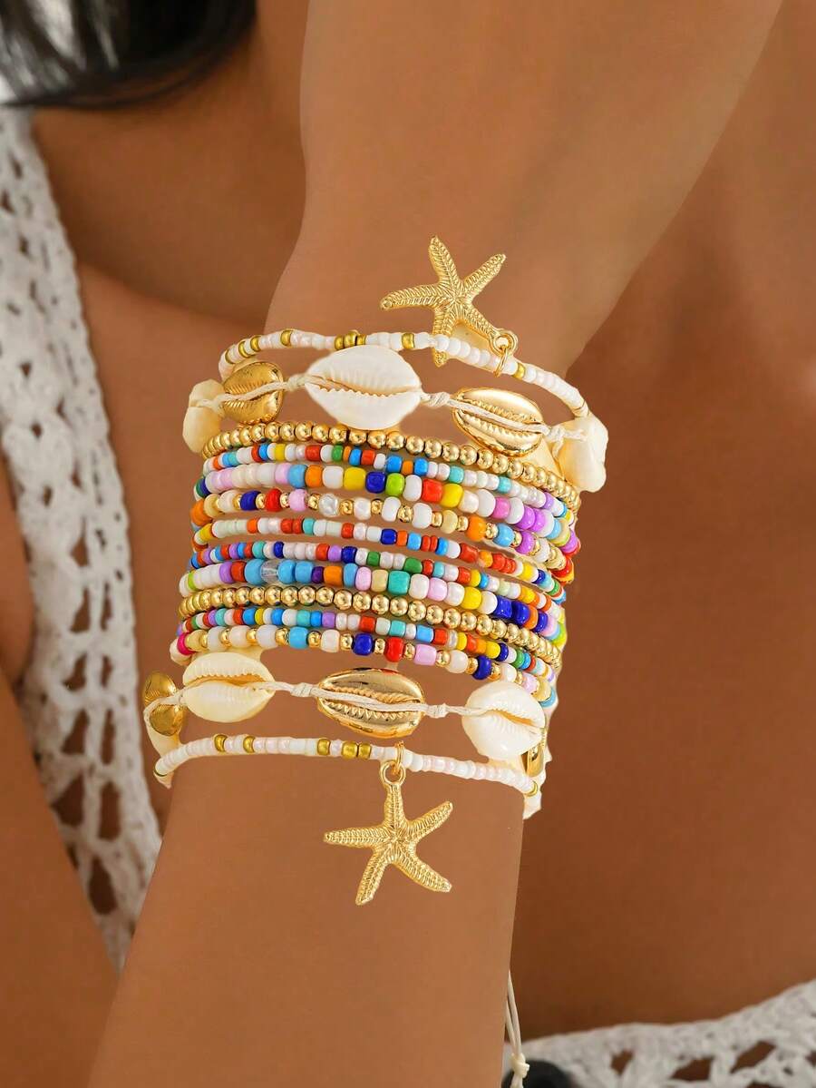 14件套波西米亚风仿贝壳、海星和珍珠串珠手链套装，女士情侣姐妹节日礼物，休闲、派对、婚礼、夏季配饰