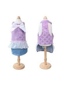 Purple Sequin & Denim Pet Party Dress - Sling Style Puppy Skirt With White Bow & Chiffon Ruffle For Small Dogs - Mauve Purple - View 5