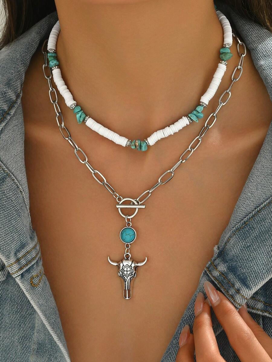 2pcs/Set Hippie Bohemian Soft Clay Bead Necklace With Turquoise Bull Head Pendant, Handmade Beaded Choker Necklace, Vintage Suitable For Women's Daily Outfit, Decoration And Party/Holiday Wear - Multicolor - View 1