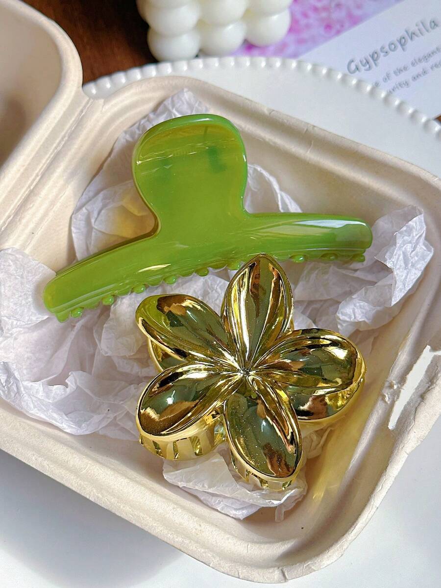 2个/1个装女士绿色一体式发夹，饰有金色菊花，时尚发爪夹，优雅简约纯色发夹，适合日常、休闲、派对、海滩、度假、发型设计、洗发、化妆、服装配饰，秋冬春夏皆宜女士发爪夹 - 彩色 - 查看 1