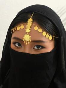 1pc Arabic Gold-Plated Coin Tassel Chain Headpiece, Women's Festival Celebration Party Accessory - Golden - View 1