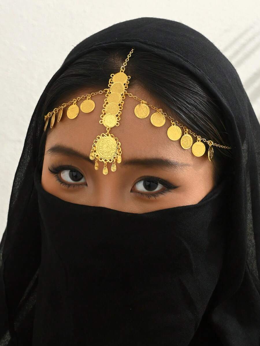 1pc Arabic Gold-Plated Coin Tassel Chain Headpiece, Women's Festival Celebration Party Accessory - Golden - View 1