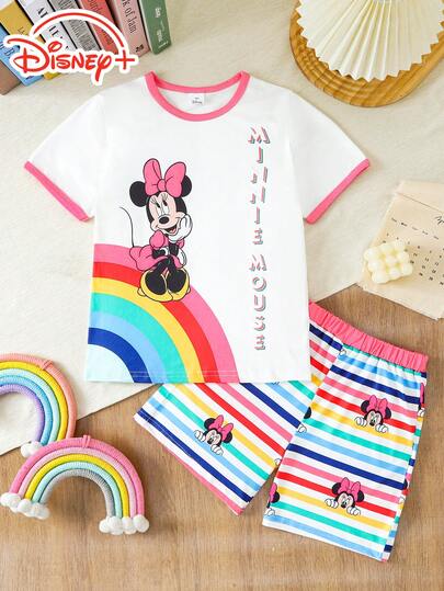 Disney Young Girls Minnie Mouse Rainbow Pattern Casual Comfortable Fabric Round Neck Short Sleeve Elastic Waist Colorful Striped Shorts Set, Children Comfortable Daily Outfit, Suitable For Home Wear