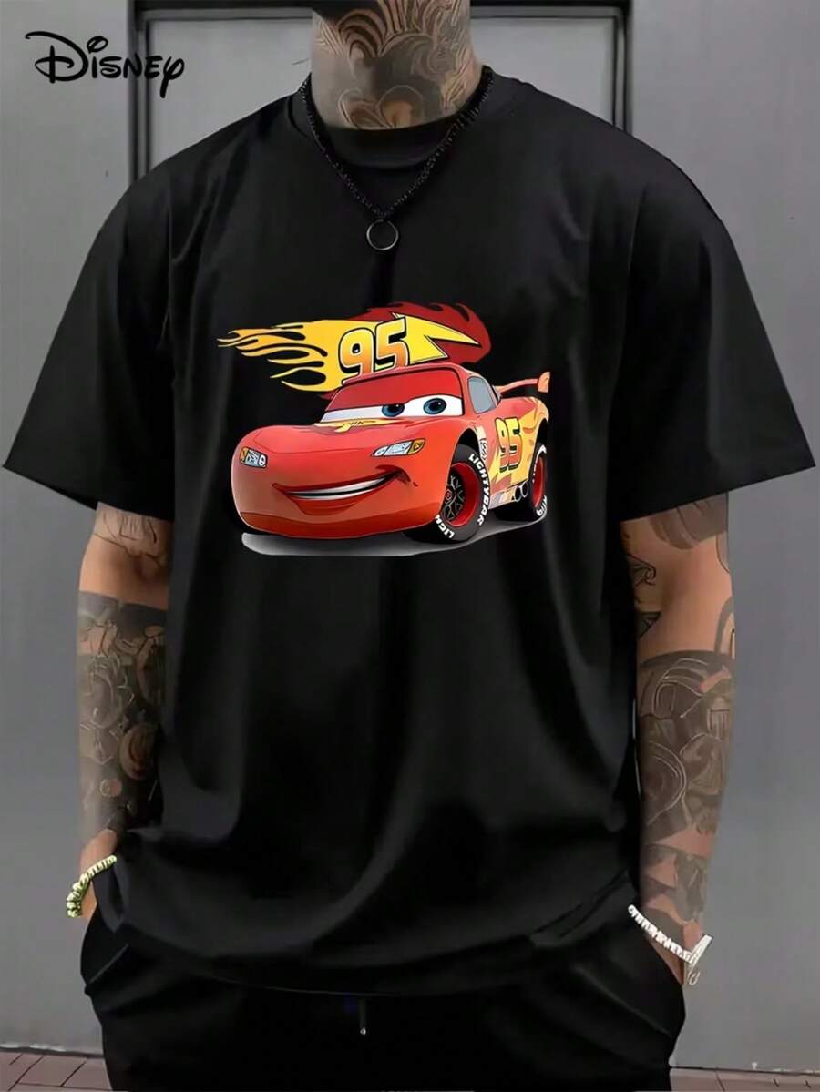 Men's T-Shirt, Disney Lightning McQueen Theme, Short-Sleeved Breathable White Shirt In Summer, Suitable For Men And Women's Regular Round Neck Casual Style, Machine Washable, Comfortable And Loose. - Black - View 1