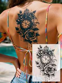 1-2周防水临时纹身贴纸，性感玫瑰、牡丹、兰花、蝴蝶、时钟多图案可选，天然植物成分，适用于手臂、大腿、胸部、背部、肩膀、锁骨等部位，适合DIY嘉年华、情人节、派对等场合。 - 藍色 - 查看 23