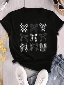 1pc Women Clothes Bow Print Black TShirt, Unisex Casual Crew Neck Tshirt, Lightweight 220gsm Knit Fabric, Machine Washable, For Spring/Summer/Fall, Christmas, Valentine's Day, Easter - màu đen - Xem 1