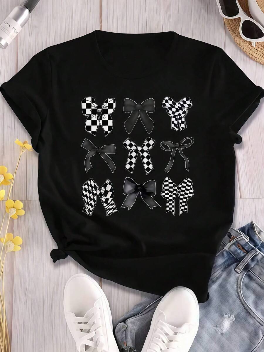 1pc Women Clothes Bow Print Black TShirt, Unisex Casual Crew Neck Tshirt, Lightweight 220gsm Knit Fabric, Machine Washable, For Spring/Summer/Fall, Christmas, Valentine's Day, Easter - màu đen - Xem 1