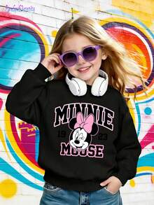 1pc Disney Minnie Mouse Tween Girl Cute Sweatshirt Featuring Vintage-Inspired Minnie Mouse Graphic – Soft & Skin-Friendly, Perfect For Daily Casual Wear & Disney-Themed Gatherings - 黑色 - 查看 1