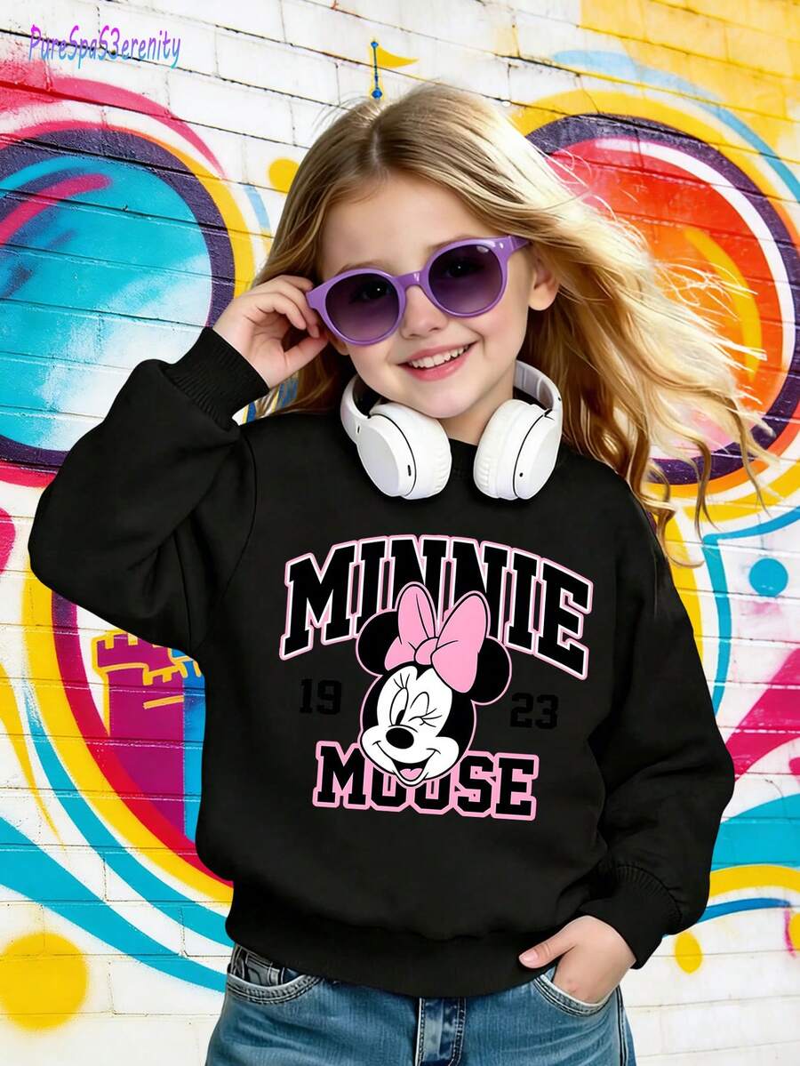 1pc Disney Minnie Mouse Tween Girl Cute Sweatshirt Featuring Vintage-Inspired Minnie Mouse Graphic – Soft & Skin-Friendly, Perfect For Daily Casual Wear & Disney-Themed Gatherings - 黑色 - 查看 1
