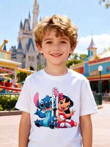 Disney Boys' T-Shirt, Creative Lilo & Stitch Alphabet Print Design, Summer Boys' Cotton Crew Neck Short Sleeve, Perfect For Everyday Wear, Vacations, Outdoor Activities, And As A Gift For Kids. - trắng - Xem 1
