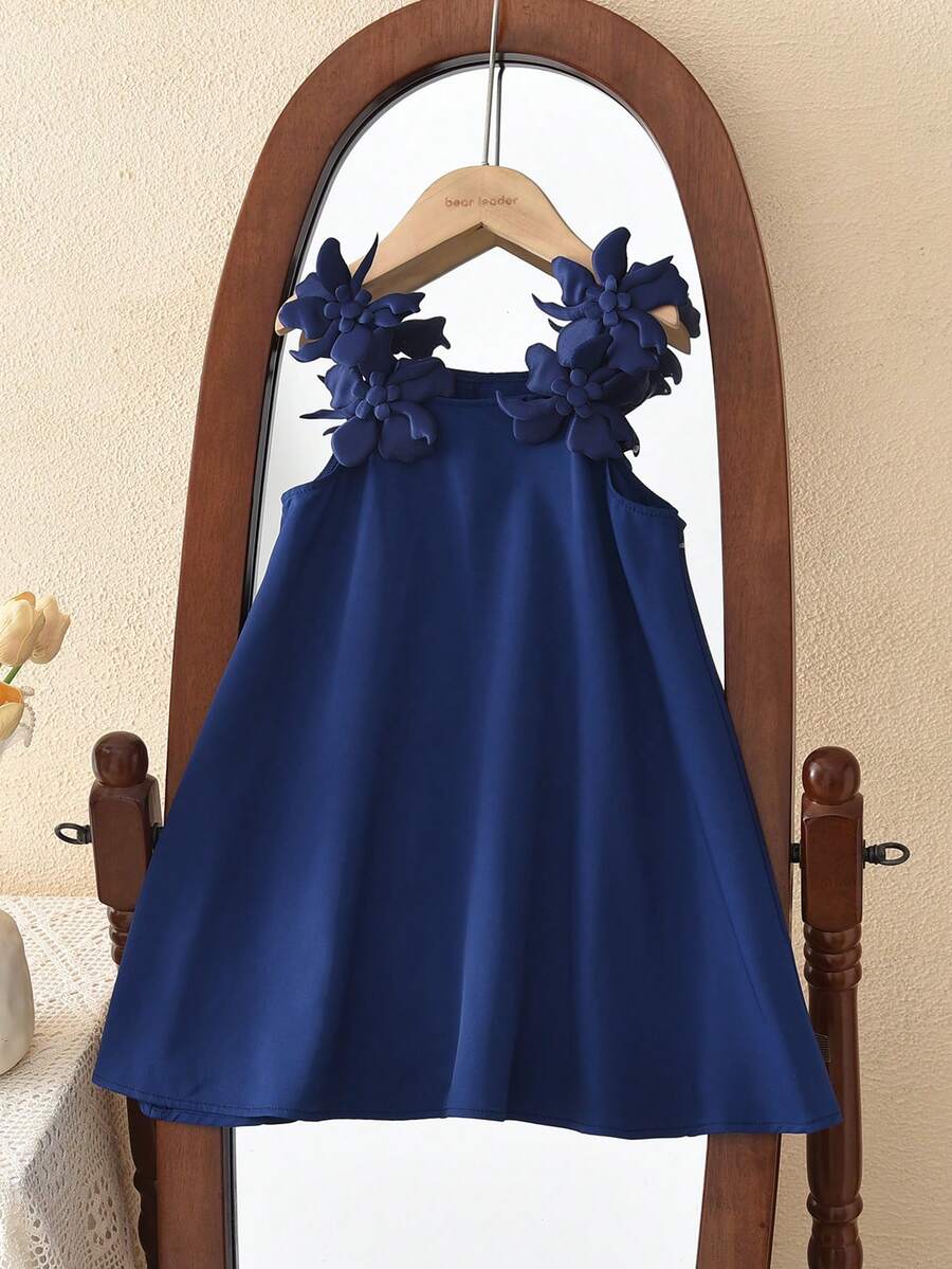 Summer Cute Woven Solid Color Camisole Dress For Girls - Blue - View 1