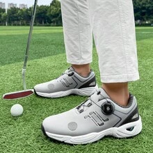 1 Pair Unisex Golf Shoes, Rotary Buckle Design, Versatile For Lawn Sports, Outdoor Casual Sports Shoes With Multi-Functional Grass Traction, All-Season Rubber Sole, EVA Sole And Microfiber Synthetic Upper, Suitable For Golf, Hiking, Training - White With Blue Decor, Golf Shoes, Hiking Shoes, Fashionable Sports Design, Durable Sports Wear - Grey - View 2