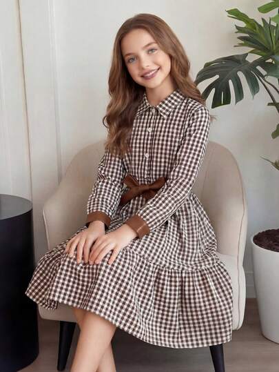 Girls' Long Sleeve Plaid Dress, Brown & White Checkered Pattern, Leather Trim Bow Waist Belt, Fashionable For Everyday Wear