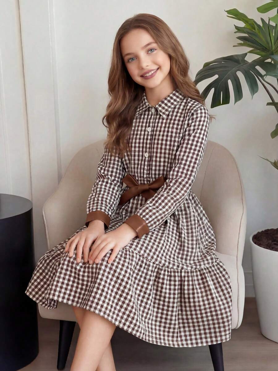 Girls' Long Sleeve Plaid Dress, Brown & White Checkered Pattern, Leather Trim Bow Waist Belt, Fashionable For Everyday Wear - Brown - View 1