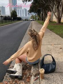 HoloChill 女士休闲纯色圆领套头毛衣，夏季休闲新款嘉年华 - 駝色 - 查看 5