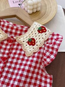 Abito estivo casual da ragazza con stampa a fragole, colletto ricamato a quadri e maniche a cappuccio - Rosso - Visualizzare 4