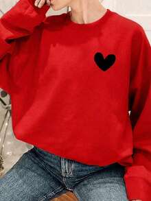 美好的一天，友善积极的字母图案可爱女式宽松圆领长袖休闲卫衣，秋冬款 - 紅色 - 查看 3