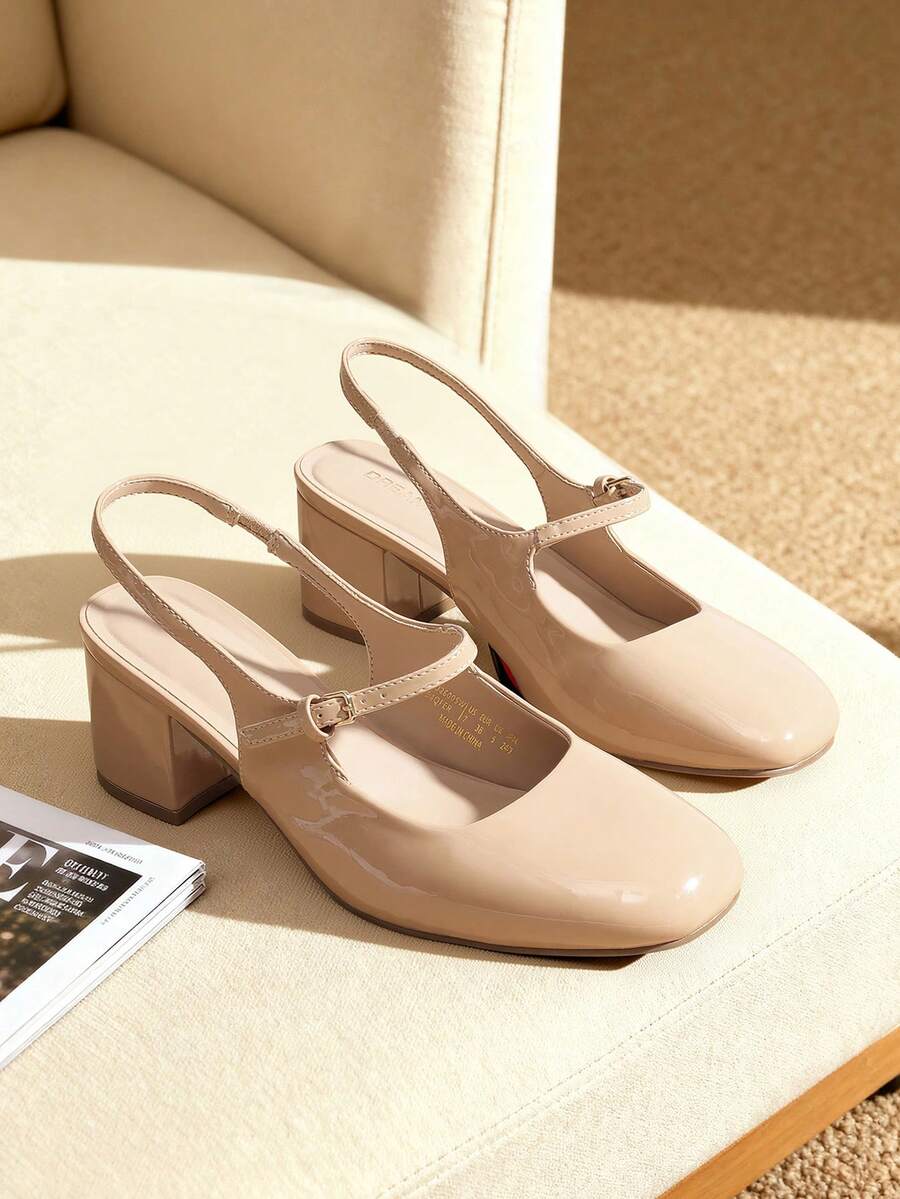 Women's Mary Jane Low Chunky Heels Slingback Closed Square Toe Dress Shoes Elegant Wedding Party Work Office Pumps Shoes - Màu be - Xem 1