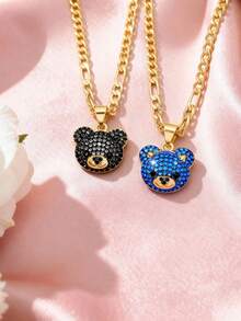 1 Exquisite And Elegant Shiny Blue Cute Little Bear & Silver And Black Cute Little Bear Copper Pendant Copper Inlaid Zirconia Necklace, Suitable For Giving To Girls/Boys/Family/Friends/Versatile/Light Luxury/Party/Banquet/Festival/Christmas/Thanksgiving/Halloween/Gift - Yellow Gold - View 2