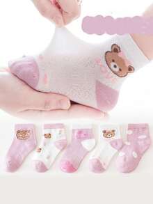 5双可爱粉色小熊图案儿童袜子，春秋季 - 粉色 - 查看 6
