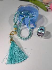 99颗仿珍珠穆斯林念珠，镶嵌水钻，配有电子戒指计数器，2件套透明首饰盒，2件套穆斯林电子念珠戒指和念珠手链，适用于仓库库存管理、祈祷计数、节日礼物、运动、祈祷、高尔夫计数，可作为节日礼物赠送。 - 彩色 - 查看 6