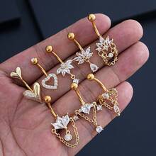 14G Dangle Belly Button Rings - Surgical Steel Golden And Silvery Bar With Heart CZ And Chain Piercing Jewelry For Women - Multicolor - View 7