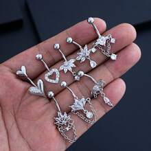 14G Dangle Belly Button Rings - Surgical Steel Golden And Silvery Bar With Heart CZ And Chain Piercing Jewelry For Women - Multicolor - View 4