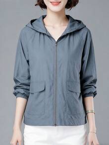 Abrigo convencional para mujeres Chaqueta ligera de manga larga con capucha, color liso, corta y con protección solar, con bolsillos. Ropa deportiva informal para exteriores para primavera, otoño y verano. Prendas de abrigo para mujer. - Gris - Ver 4