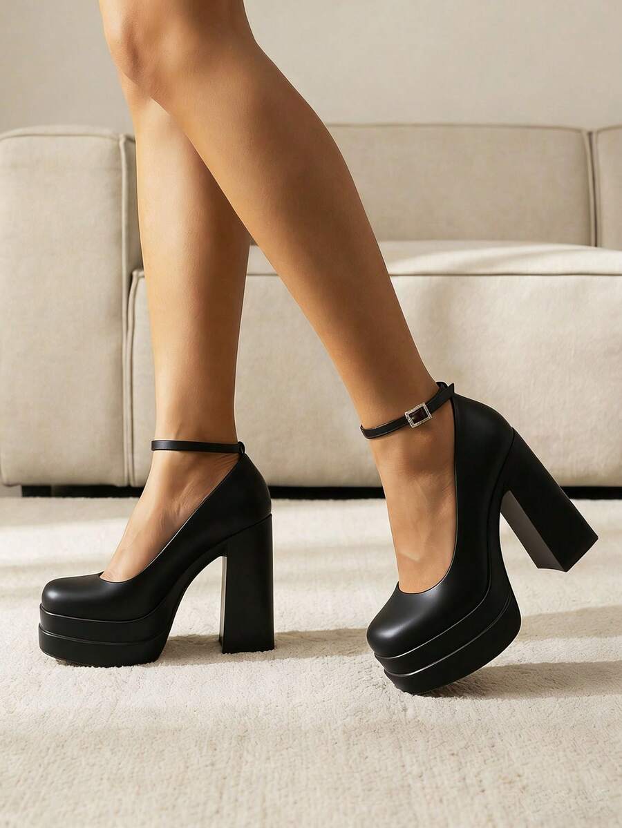 Platform High Heels For Women Chunky Heeled Mary Janes Heels Closed Toe Adjustable Ankle Strap Y2K Shoes - 黑色 - 查看 1