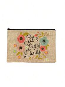 1个便携式化妆包，饰有花叶和趣味文字图案，大容量化妆包，化妆袋，简约拉链化妆收纳包，节日化妆品收纳包，派对用品整理包，文具用品包，多功能洗漱包，男女通用旅行化妆收纳包，节日化妆品及派对用品收纳包，大容量，适合女性收纳化妆品，旅行必备