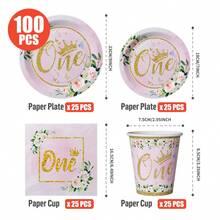 1 Conjunto de Coroa Floral Tema de 1st Aniversário Descartável Pratos, Guardanapos, Copos, Adequado para 25 Convidados, Pratos de Papel Descartáveis Suprimentos de Festa para Aniversário, Casamento, Festa Temática, Piquenique Familiar - Multicolorido - Visão 2