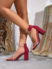 Women's Square Toe Rhinestone Embellished Chunky Heel Sandals, Summer New Arrival - Burgundy - View 2