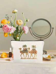 优雅骆驼椰树印花化妆包，可重复使用的骆驼图案化妆袋，轻便，化妆品及洗漱用品收纳包，拉链化妆包，轻便零钱包，洗漱包，储物袋，旅行配件，购物佳品，用途广泛，可用于收纳化妆品、化妆刷、配件，新年、情人节、斋月礼物