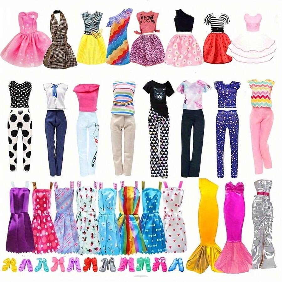 23pcs Handmade Doll Clothes Set - Fits 11.5 Inch/30cm Dolls - Includes 4 Dresses, 4 Tops And Pants, 2 Mermaid Dresses, 10 Pairs Of Shoes, 10 Mini Dresses (Doll Not Included), Christmas Gift, Holiday Outfits - Multicolor - View 1