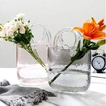 1件INS风玻璃花瓶手提包，透明玻璃手提包花瓶，流行花篮装饰，轻巧奢华创意鱼缸花瓶，客厅中心装饰品 - 彩色 - 查看 9