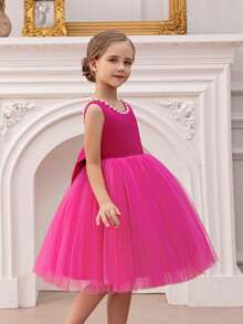 Vestido de Princesa Elegante com Laço de Pérolas para Menina Jovem, Adequado para Festa de Aniversário, Banquete, Dança, Casamento, Uso Diário, Comemoração de Feriados, Dama de Honra, Apresentação no Palco - Pink - Visão 5