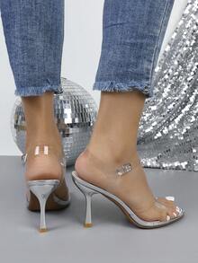 Fashionable Women's Sexy Square Toe Chunky Heel Sandals - Silver - View 7