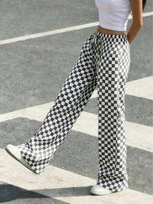 Plus Size Women's Fashionable Contrasting Checkerboard Pattern Print, Loose Casual Sports Straight Leg Pants , Spring/Summer Street Pants - Dark Grey - View 5
