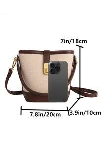 1pc Women's Canvas Bucket Bag, Shoulder & Crossbody Bag With Adjustable Strap, Scratch-Resistant And Durable, Can Hold Passport, Cash, ID, Credit Cards, Lightweight And Portable, Suitable For Commuting, Shopping, Daily Use, Fashionable Color Blocking Design - Multicolor - View 5