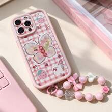 1个时尚涂鸦格纹蝴蝶TPU加厚保护手机壳+可拆卸蝴蝶结手链配件，适合女生日常使用，兼容 17/17Pro/17Air/17Pro Max/16/15/14/13/12/11，以及Galaxy S25系列、vivo、OPPO和荣耀系列，国际版，非国内版。 - 粉色 - 查看 3