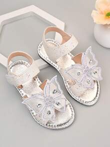 女童银色蝴蝶亮片公主凉鞋，夏季魔术贴软底水钻露趾儿童凉鞋 - 米色 - 查看 4