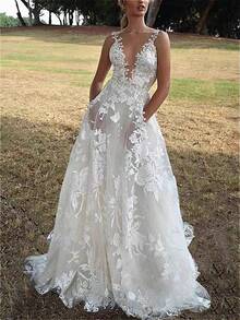 Ladies Dress Fluffy Lace Fashion Sexy Elegant Fresh Temperament Bridal Wedding Dress White Suspender Bridesmaid Dress Evening Dress - 白色 - 查看 1